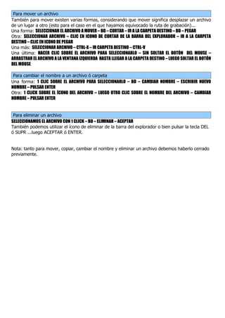 Para mover un archivo
También para mover existen varias formas, considerando que mover significa desplazar un archivo
de un lugar a otro (esto para el caso en el que hayamos equivocado la ruta de grabación)...
Una forma: SELECCIONAR EL ARCHIVO A MOVER – BD – CORTAR – IR A LA CARPETA DESTINO – BD – PEGAR
Otra: SELECCIONAR ARCHIVO – CLIC EN ICONO DE CORTAR DE LA BARRA DEL EXPLORADOR – IR A LA CARPETA
DESTINO – CLIC EN ICONO DE PEGAR
Una más: SELECCIONAR ARCHIVO – CTRL-X – IR CARPETA DESTINO – CTRL-V
Una última: HACER CLIC SOBRE EL ARCHIVO PARA SELECCIONARLO – SIN SOLTAR EL BOTÓN DEL MOUSE –
ARRASTRAR EL ARCHIVO A LA VENTANA IZQUIERDA HASTA LLEGAR A LA CARPETA DESTINO – LUEGO SOLTAR EL BOTÓN
DEL MOUSE

 Para cambiar el nombre a un archivo ó carpeta
Una forma: 1 CLIC SOBRE EL ARCHIVO PARA SELECCIONARLO – BD – CAMBIAR NOMBRE – ESCRIBIR NUEVO
NOMBRE – PULSAR ENTER
Otra: 1 CLICK SOBRE EL ÍCONO DEL ARCHIVO – LUEGO OTRO CLIC SOBRE EL NOMBRE DEL ARCHIVO – CAMBIAR
NOMBRE – PULSAR ENTER


 Para eliminar un archivo
SELECCIONAMOS EL ARCHIVO CON 1 CLICK – BD – ELIMINAR – ACEPTAR
También podemos utilizar el ícono de eliminar de la barra del explorador o bien pulsar la tecla DEL
ó SUPR ...luego ACEPTAR ó ENTER.


Nota: tanto para mover, copiar, cambiar el nombre y eliminar un archivo debemos haberlo cerrado
previamente.
 