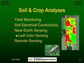 810/12/2009Soil & Crop AnalysesYield MonitoringSoil Electrical ConductivityNear-Earth SensingLeaf Color SensingRemote Sensing