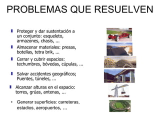 PROBLEMAS QUE RESUELVEN Generar superficies: carreteras, estadios, aeropuertos , ... Almacenar materiales: presas, botellas, tetra brik, ...  Cerrar y cubrir espacios: techumbres, bóvedas, cúpulas, ...  Salvar accidentes geográficos; Puentes, túneles, ...  Alcanzar alturas en el espacio: torres, grúas, antenas, ...  Proteger y dar sustentación a un conjunto: esqueleto, armazones, chasis, ...  