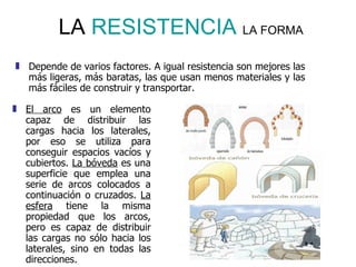 LA  RESISTENCIA   LA FORMA   El arco  es un elemento capaz de distribuir las cargas hacia los laterales, por eso se utiliza para conseguir espacios vacíos y cubiertos.  La bóveda  es una superficie que emplea una serie de arcos colocados a continuación o cruzados.  La esfera  tiene la misma propiedad que los arcos, pero es capaz de distribuir las cargas no sólo hacia los laterales, sino en todas las direcciones. Depende de varios factores. A igual resistencia son mejores las más ligeras, más baratas, las que usan menos materiales y las más fáciles de construir y transportar. 