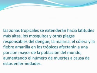 las zonas tropicales se extenderán hacia latitudes más altas, los mosquitos y otras plagas responsables del dengue, la malaria, el cólera y la fiebre amarilla en los trópicos afectarán a una porción mayor de la población del mundo, aumentando el número de muertes a causa de estas enfermedades.
