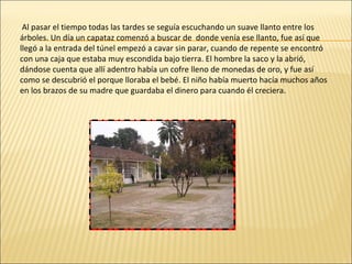 Al pasar el tiempo todas las tardes se seguía escuchando un suave llanto entre los árboles. Un día un capataz comenzó a buscar de  donde venía ese llanto, fue así que llegó a la entrada del túnel empezó a cavar sin parar, cuando de repente se encontró con una caja que estaba muy escondida bajo tierra. El hombre la saco y la abrió, dándose cuenta que allí adentro había un cofre lleno de monedas de oro, y fue así como se descubrió el porque lloraba el bebé. El niño había muerto hacía muchos años en los brazos de su madre que guardaba el dinero para cuando él creciera.  