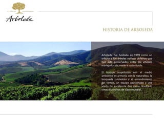 Arboleda fue fundada en 1999 como un tributo a los árboles nativos chilenos que han sido preservados entre los viñedos manejados de manera sustentable. El trabajo respetuoso con el medio ambiente en armonía con la naturaleza, la búsqueda cuidadosa y el entendimiento del terroir, un equipo apasionado y una visión de excelencia dan como resultado vinos distintivos de clase mundial. 