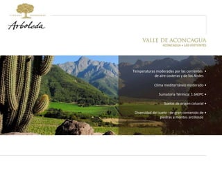 Temperaturas moderadas por las corrientes  • de aire costeras y de los Andes Clima mediterráneo moderado • Sumatoria Térmica: 1.643ºC • Suelos de origen coluvial • Diversidad del suelo : de gran contenido de • piedras a montes arcillosos 