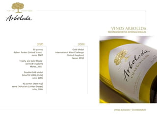 90 puntos Robert Parker (United States)  Junio, 2007 Trophy and Gold Medal  (United Kingdom) Marzo, 2007  Double Gold Medal Catad’Or 2006 (Chile) Julio, 2006 90 puntos (Best Buy) Wine Enthusiast (United States) Julio, 2006 Gold Medal International Wine Challenge (United Kingdom) Mayo, 2010 