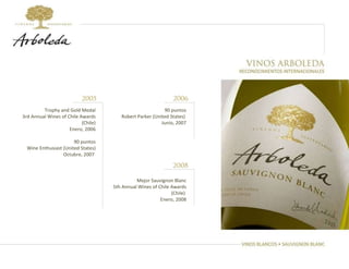 90 puntos Robert Parker (United States)  Junio, 2007 Mejor Sauvignon Blanc 5th Annual Wines of Chile Awards (Chile)  Enero, 2008 Trophy and Gold Medal 3rd Annual Wines of Chile Awards (Chile) Enero, 2006 90 puntos Wine Enthusiast (United States) Octubre, 2007  