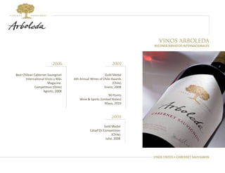 Best Chilean Cabernet Sauvignon International Vinos y Más Magazine  Competition (Chile) Agosto, 2008 Gold Medal 6th Annual Wines of Chile Awards (Chile) Enero, 2008 90 Points Wine & Spirits (United States) Mayo, 2010 Gold Medal Catad’Or Competition (Chile) Julio, 2008 
