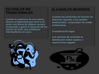 5)CANALES NO TRADICIONALESLimitan la cobertura de una marca, ofrecen al fabricante que sirve a un nicho una forma de obtener acceso al mercado y ganar la atención de los cliente sin tener que establecer intermediarios de canal. 6) CANALES INVERSOS Cuando los productos se mueven en dirección opuesta a los canales tradicionales: consumidor de vuelta al fabricante.Consideración legal: Los intentos de controlar la distribución están sujetos a restricciones legales. 