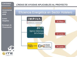 14 Junio14 Junio
LÍNEAS DE AYUDAS APLICABLES AL PROYECTO
18 Mayo18 Mayo
10 Junio10 Junio
CONTENIDO
Líneas ayuda
-Innoempresa
-AVEN
-IDAE
Costes
Elegibles
Estrategia de
Financiación
 
