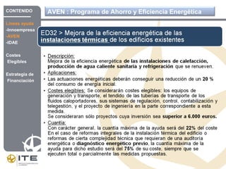 AVEN : Programa de Ahorro y Eficiencia EnergéticaCONTENIDO
Líneas ayuda
-Innoempresa
-AVEN
-IDAE
Costes
Elegibles
Estrategia de
Financiación
 