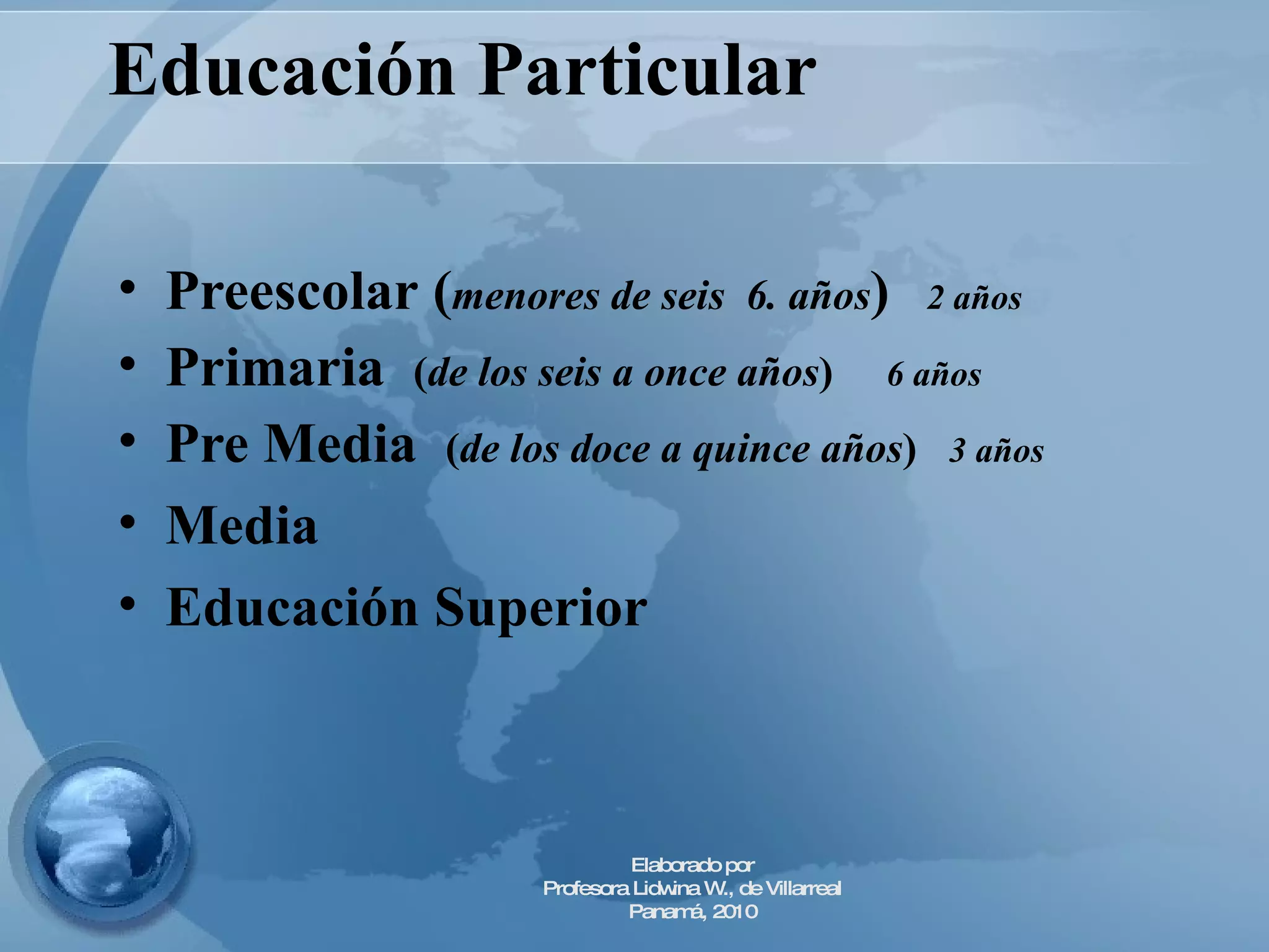 Educación Particular Preescolar   ( menores de seis  6. años )  2 años Primaria  ( de los seis a once años )  6 años Pre Media   ( de los doce a quince años )  3 años Media Educación Superior Elaborado por Profesora Lidwina W., de Villarreal Panamá, 2010 