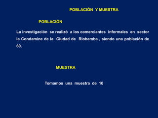 COMERCIO INFORMALCOMERCIO INFORMALCOMERCIO INFORMAL El comercio informal es aquel que no se rige por las normativas y leyes relativas a las transacciones de bienes y/o servicios en la sociedad (esto es lo que le da la "formalidad" al comercio). En general se aplica al comercio ambulante, o sea las personas que ves en las veredas vendiendo cosas sin boleta o factura participan del comercio informal. 