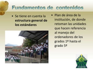 Tiempo empleandoAno y niveles Año 2010 Niveles: 0°, 1°, 2°, 3°, 4° y 5° de básica primaria Esta unidad esta enfocada para los grados de básica primaria teniendo en cuenta su capacidad de aprendizaje y desarrollo cognitivo del estudiante de acuerdo al grado que cursa8 semanas para la ejecución del proyecto.