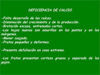 DEFICIENCIA DE CALCIO
-Falta desarrollo de las raíces.
-Disminución del crecimiento y de la producción.
-Brotación escasa, entrenudos cortos.
-Las hojas nuevas son amarillas en las puntas y en los
márgenes.
-Menor cuajado.
-Frutos pequeños y deformes.
-Presenta defoliación en caso extremo.
-Los frutos presentan corteza gruesa y separada de los
gajos.
 