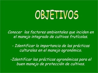 Conocer los factores ambientales que inciden en
el manejo integrado de cultivos frutícolas.
- Identificar la importancia de las prácticas
culturales en el manejo agronómico.
-Identificar las prácticas agronómicas para el
buen manejo de protección de cultivos.
 