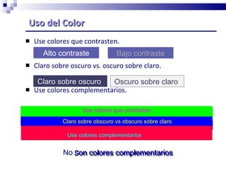 Uso del Color Use colores que contrasten.  Claro sobre oscuro vs. oscuro sobre claro. Use colores complementarios. Alto contraste Bajo contraste Claro sobre oscuro  Oscuro sobre claro  No son colores complementarios Son colores complementarios Use colores que contrasten claro sobre obscuro  vs. obscuro sobre claro   Use colores complementarios  Use colores que contrasten Claro sobre obscuro vs obscuro sobre claro Use colores complementarios   