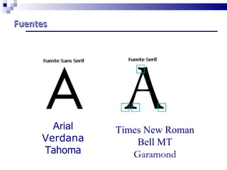 Fuentes  Arial Verdana Tahoma Times New Roman Bell MT Garamond 