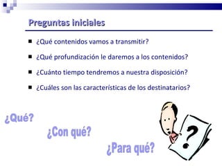¿Qué contenidos vamos a transmitir? ¿Qué profundización le daremos a los contenidos? ¿Cuánto tiempo tendremos a nuestra disposición? ¿Cuáles son las características de los destinatarios? Preguntas iniciales  ¿Qué? ¿Con qué? ¿Para qué? 