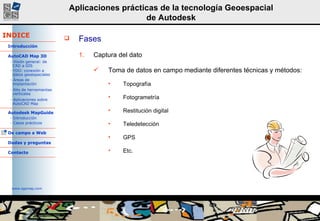 Fases Captura del dato Toma de datos en campo mediante diferentes técnicas y métodos: Topografía Fotogrametría Restitución digital Teledetección GPS Etc. 