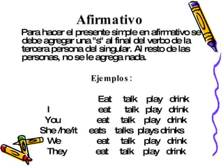 Afirmativo Para hacer el presente simple en afirmativo se debe agregar una "s" al final del verbo de la tercera persona del singular. Al resto de las personas, no se le agrega nada.  Ejemplos: Eat  talk  play  drink I  eat  talk  play  drink You  eat  talk  play  drink She /he/it  eats  talks  plays drinks We  eat  talk  play  drink They  eat  talk  play  drink 