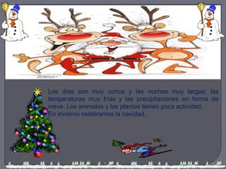 Los días son muy cortos y las noches muy largas; las temperaturas muy frías y las precipitaciones en forma de nieve. Los animales y las plantas tienen poca actividad.En invierno celebramos la navidad.