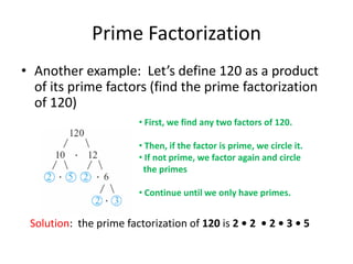 Prime FactorizationAnother example:  Let’s define 120 as a product of its prime factors (find the prime factorization of 120) First, we find any two factors of 120.