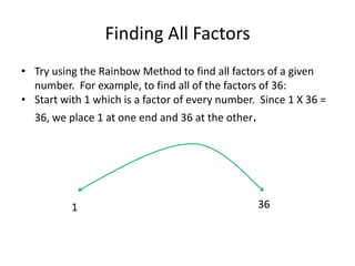 Finding All FactorsTry using the Rainbow Method to find all factors of a given number.  For example, to find all of the factors of 36:Start with 1 which is a factor of every number.  Since 1 X 36 = 36, we place 1 at one end and 36 at the other. 361
