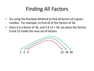Finding All FactorsTry using the Rainbow Method to find all factors of a given number.  For example, to find all of the factors of 36:Since 3 is a factor of 36, and 3 X 12 = 36, we place the factors 3 and 12 inside the next set of factors1   2   312  18  36
