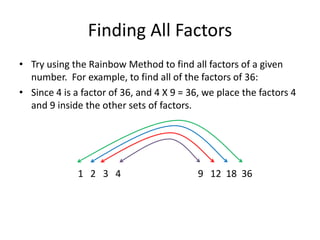Finding All FactorsTry using the Rainbow Method to find all factors of a given number.  For example, to find all of the factors of 36:Since 4 is a factor of 36, and 4 X 9 = 36, we place the factors 4 and 9 inside the other sets of factors.1   2 3 4  9   12  18  36