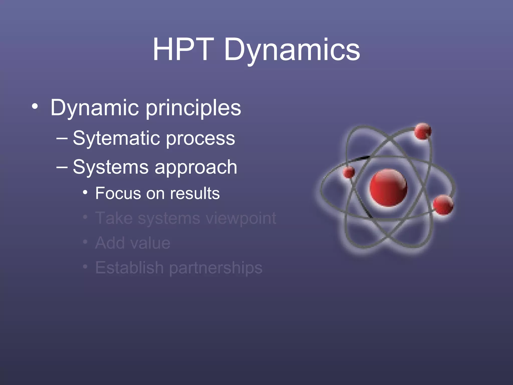 HPT Dynamics
• Dynamic principles
– Sytematic process
– Systems approach
• Focus on results
• Take systems viewpoint
• Add value
• Establish partnerships
 