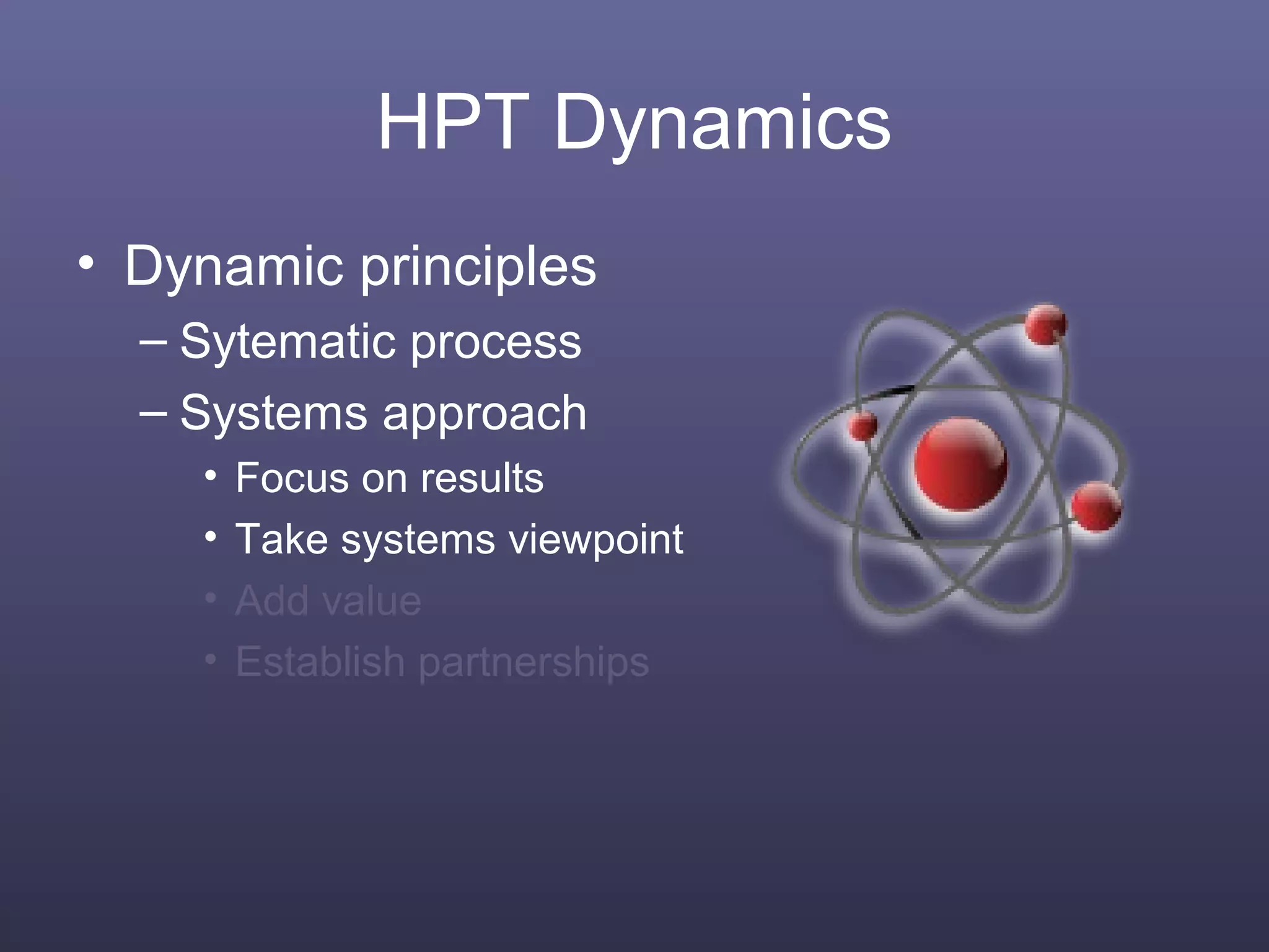 HPT Dynamics
• Dynamic principles
– Sytematic process
– Systems approach
• Focus on results
• Take systems viewpoint
• Add value
• Establish partnerships
 