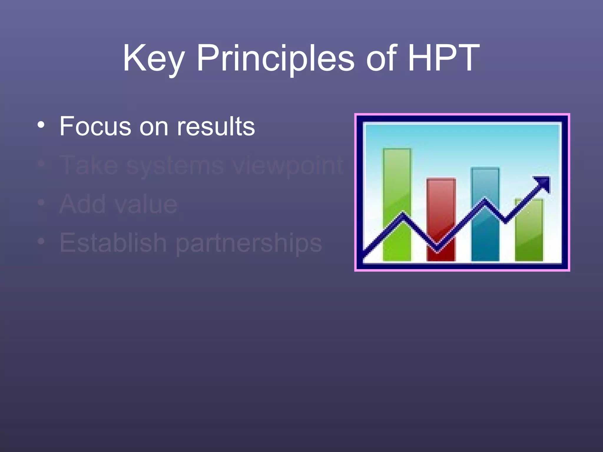 Key Principles of HPT
• Focus on results
• Take systems viewpoint
• Add value
• Establish partnerships
 