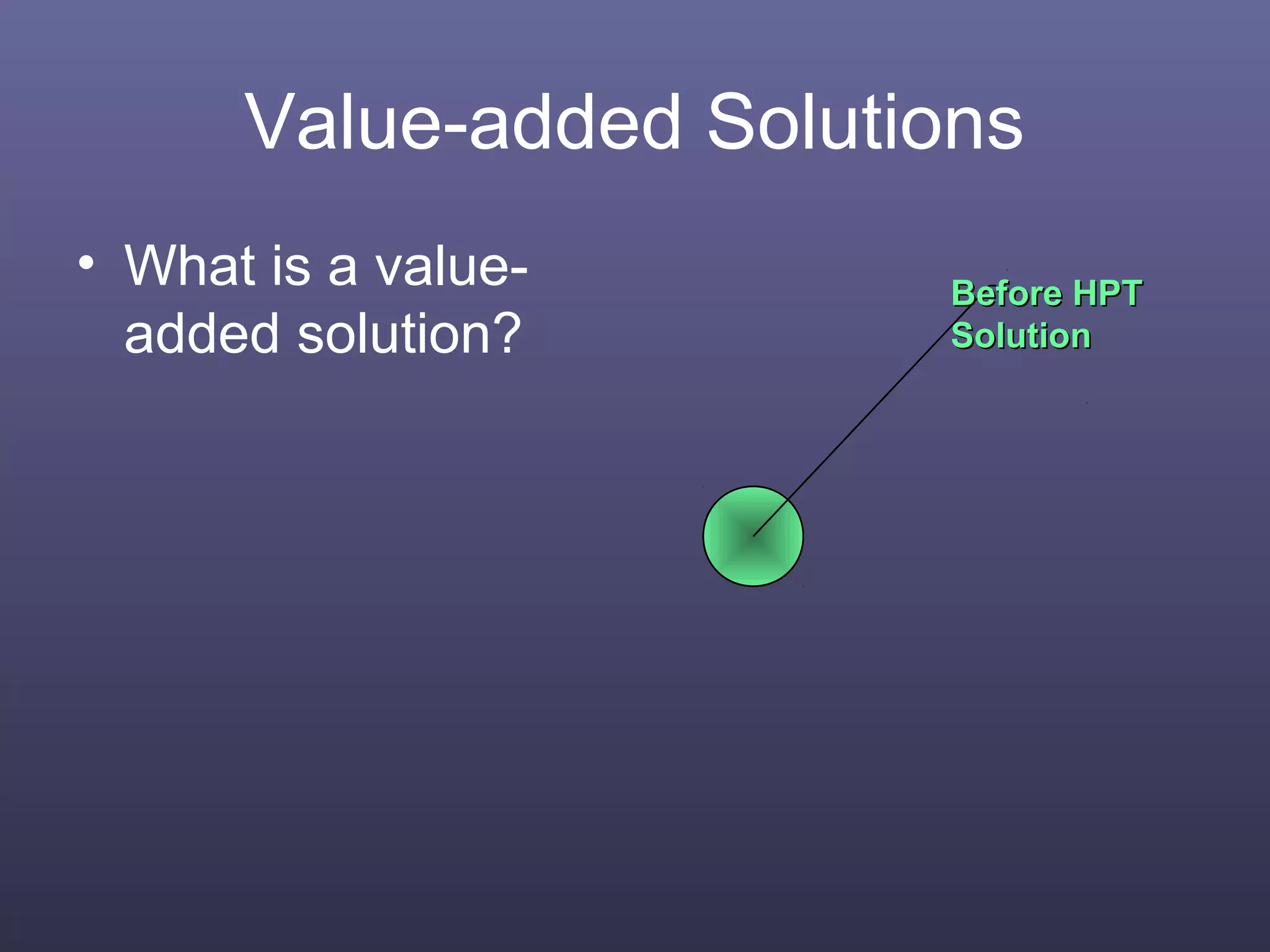 Value-added Solutions
• What is a value-
added solution?
Before HPTBefore HPT
SolutionSolution
 