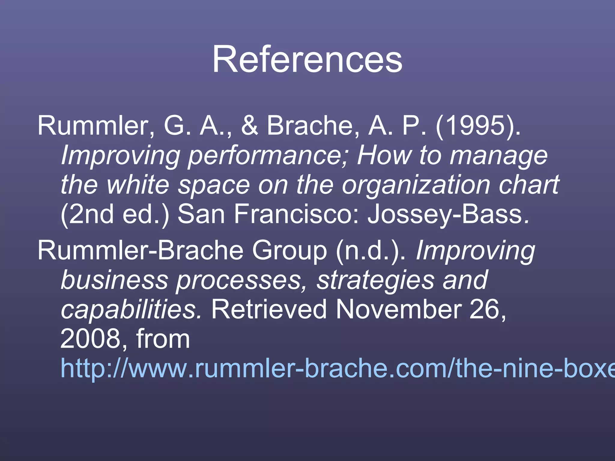 References
Rummler, G. A., & Brache, A. P. (1995).
Improving performance; How to manage
the white space on the organization chart
(2nd ed.) San Francisco: Jossey-Bass.
Rummler-Brache Group (n.d.). Improving
business processes, strategies and
capabilities. Retrieved November 26,
2008, from
http://www.rummler-brache.com/the-nine-boxe
 