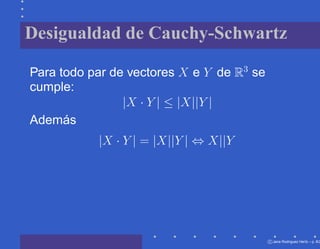 Desigualdad de Cauchy-Schwartz

Para todo par de vectores X e Y de R3 se
cumple:
                |X · Y | ≤ |X||Y |
Además
           |X · Y | = |X||Y | ⇔ X||Y




                                           c Jana Rodriguez Hertz – p. 8/2
 