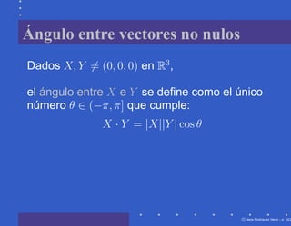 Ángulo entre vectores no nulos
Dados X, Y = (0, 0, 0) en R3 ,

el ángulo entre X e Y se deﬁne como el único
número θ ∈ (−π, π] que cumple:
               X · Y = |X||Y | cos θ




                                        c Jana Rodriguez Hertz – p. 10/2
 