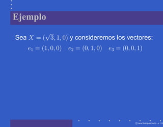 Ejemplo
         √
Sea X = ( 3, 1, 0) y consideremos los vectores:
    e1 = (1, 0, 0)   e2 = (0, 1, 0)   e3 = (0, 0, 1)




                                                 c Jana Rodriguez Hertz – p. 11/2
 
