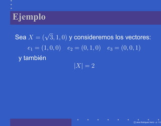 Ejemplo
         √
Sea X = ( 3, 1, 0) y consideremos los vectores:
    e1 = (1, 0, 0)   e2 = (0, 1, 0)   e3 = (0, 0, 1)
 y también
                       |X| = 2




                                                 c Jana Rodriguez Hertz – p. 11/2
 