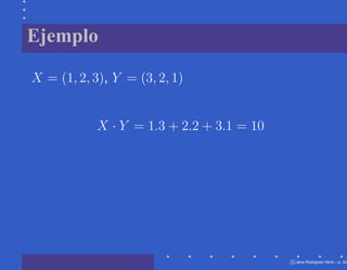 Ejemplo

X = (1, 2, 3), Y = (3, 2, 1)


            X · Y = 1.3 + 2.2 + 3.1 = 10




                                           c Jana Rodriguez Hertz – p. 3/2
 