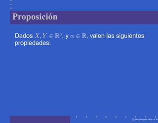 Proposición

Dados X, Y ∈ R3 , y α ∈ R, valen las siguientes
propiedades:




                                          c Jana Rodriguez Hertz – p. 4/2
 