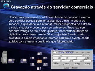  No servidor teremos uma pasta para cada mês ( em cada mês uma sub-pasta para cada dia).ExibiçãoCatalogaçãoControleMestreArmazenamentocomerciaisCopião ComerciaisGeração/RecepçãoDrive AIT