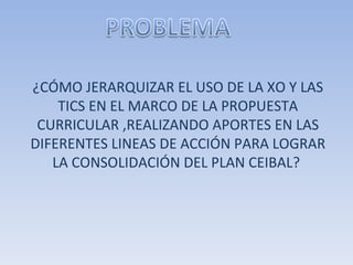 ¿CÓMO JERARQUIZAR EL USO DE LA XO Y LAS TICS EN EL MARCO DE LA PROPUESTA CURRICULAR ,REALIZANDO APORTES EN LAS DIFERENTES LINEAS DE ACCIÓN PARA LOGRAR LA CONSOLIDACIÓN DEL PLAN CEIBAL?   
