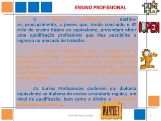 ENSINO PROFISSIONALO Ensino Profissional destina-se, principalmente, a jovens que, tendo concluído o 3º ciclo do ensino básico ou equivalente, pretendam obter uma qualificação profissional que lhes possibilite o ingresso no mercado de trabalho.Os Cursos Profissionais têm a duração de 3 anos, proporcionam o desenvolvimento de competências específicas para o exercício de uma profissão, que possibilitam o ingresso no mercado de trabalho, a par de uma habilitação académica que permite a candidatura ao ensino superior.	Os Cursos Profissionais conferem um diploma equivalente ao diploma do ensino secundário regular,  um nível de qualificação, bem como o direito a certificação profissional de nível 3.3Paulo Mendes Carregã