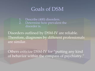 Goals of DSM Describe (400) disorders. Determine how prevalent the disorder is. Disorders outlined by DSM-IV are reliable. Therefore, diagnoses by different professionals are similar. Others criticize DSM-IV for “putting any kind of behavior within the compass of psychiatry.” 