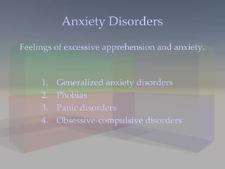 Anxiety Disorders Feelings of excessive apprehension and anxiety. Generalized anxiety disorders Phobias Panic disorders Obsessive-compulsive disorders 