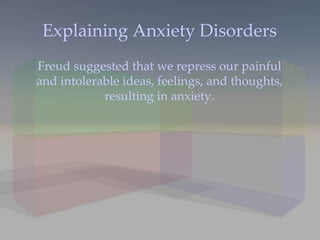 Explaining Anxiety Disorders Freud suggested that we repress our painful and intolerable ideas, feelings, and thoughts, resulting in anxiety. 