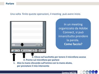 Parlare Una volta  finite queste operazioni, il meeting  può avere inizio. In un meeting organizzato da Adobe Connect, si può innanzitutto prendere la parola.  Come faccio? Alzo la mano cliccando sull’omino con la mano alzata, per prenotare il mio intervento 2. Premo sul microfono per parlare 3. Clicco sul lucchetto per tenere il microfono acceso 