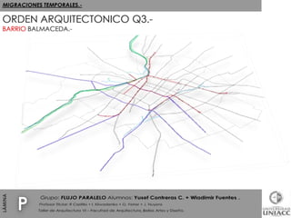 MIGRACIONES TEMPORALES.-,[object Object],ORDEN ARQUITECTONICO Q3.-BARRIO BALMACEDA.-,[object Object],P,[object Object],Grupo: FLUJO PARALELO Alumnos: Yusef Contreras C. + Wladimir Fuentes .,[object Object],Profesor Titular: R Castillo + I. Kliwadenko + G. Ferrer + J. Nuyens,[object Object],Taller de Arquitectura VI – Facultad de Arquitectura_Bellas Artes y Diseño. ,[object Object],LÁMINA,[object Object]