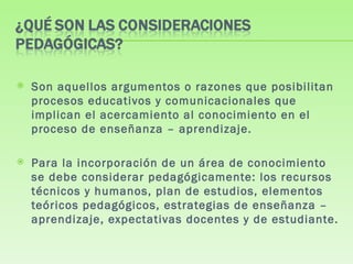 Son aquellos argumentos o razones que posibilitan procesos educativos y comunicacionales que implican el acercamiento al conocimiento en el proceso de enseñanza – aprendizaje.  Para la incorporación de un área de conocimiento se debe considerar pedagógicamente: los recursos técnicos y humanos, plan de estudios, elementos teóricos pedagógicos, estrategias de enseñanza – aprendizaje, expectativas docentes y de estudiante. 