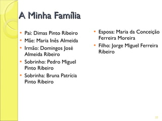 A Minha Família
   Pai: Dimas Pinto Ribeiro      Esposa: Maria da Conceição
   Mãe: Maria Inês Almeida        Ferreira Moreira
   Irmão: Domingos José
                                  Filho: Jorge Miguel Ferreira
    Almeida Ribeiro                Ribeiro
   Sobrinho: Pedro Miguel
    Pinto Ribeiro
   Sobrinha: Bruna Patrícia
    Pinto Ribeiro




                                                            22
 